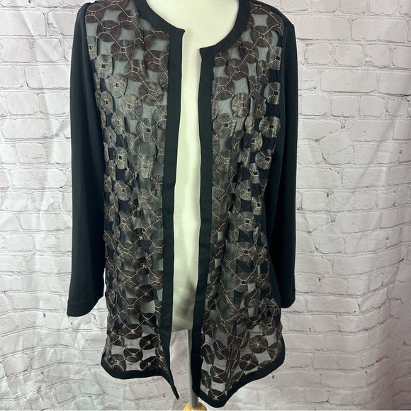 Chico's Black and Gold Patterned sheer Cardigan snakeskin geometric sz 1 (M 8) - Picture 1 of 11